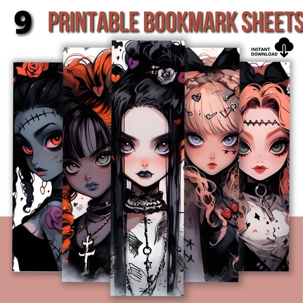 Hallow Goth - Young Ladies Bookmark Set - 9 Bookmark Pages - Digital Download for Avid Readers - Commercial Use Allowed - Fall - Halloween