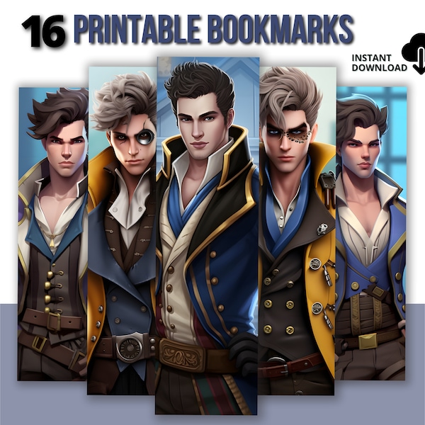 Steampunk Male Bookmarks Set of 16 | Handsome Men | Digital Download