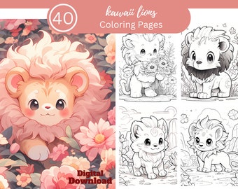 Cute Kawaii Lions Coloring Book Fun For All/40 Coloring Pages to Relax and Unwind, Clear Your Mind/Digital Download/Kawaii Fun