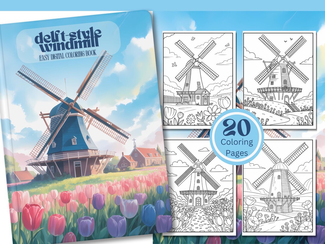 Delft Windmill Coloring Book: 20 Printable Pages (PDF Download) - Etsy