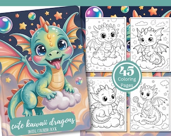 Kawaii Dragons Coloring Book, 45 Coloring Pages, Digital Download