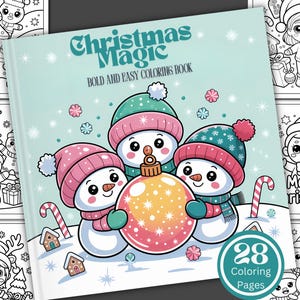 May include: A Christmas Magic colouring book with a light blue cover. It features three snowmen wearing pink and teal hats, holding a large bauble. The cover includes the text "Christmas Magic" and "BOLD AND EASY COLORING BOOK".