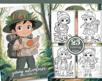 May include: A digital coloring book titled "Young Adventurer" featuring an illustrated boy with a map and backpack, wearing a hat with leaves. Includes 25 coloring pages with various young adventurers.