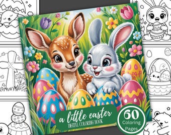 May include: A digital coloring book cover featuring a fawn and a bunny surrounded by colorful Easter eggs and flowers. The book title reads "a little easter" with "60 Coloring Pages" displayed in a green circle.