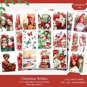 Weihnachtswünsche ATC Karten - Drei 8,5 x 11 Karten Blätter - Digital Download - Junk Journals - Fussy Cuts - Scrapbooking - AI Generiert