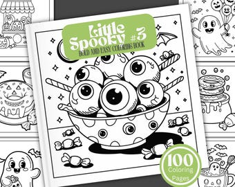 May include: A black and white coloring book titled "Little Spooky #3" with a bowl of eyeball lollipops on the cover. The cover also features the text "BOLD AND EASY COLORING BOOK" and a green circle with the text "100 Coloring Pages".