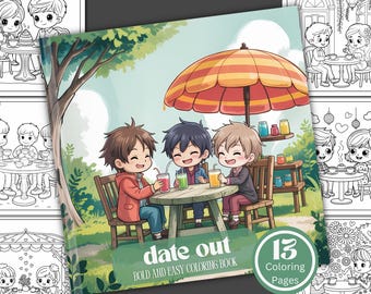 Puede incluir: Un libro para colorear titulado "date out" con una ilustración de portada de tres personajes de dibujos animados en una mesa bajo una sombrilla. La portada también presenta el texto "BOLD AND EASY COLORING BOOK" y "13 Coloring Pages".
