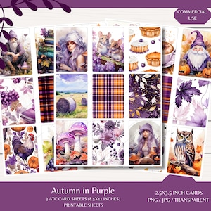 Automne en violet cartes ATC - trois feuilles de 8,5 x 11 cartes - téléchargement numérique - journaux indésirables - coupes difficiles - scrapbooking - généré par l'IA