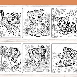 May include: Six black and white illustrations of cartoon leopards in various poses. The leopards are depicted with spots and are surrounded by flowers, plants, and other natural elements. The images are designed for coloring.