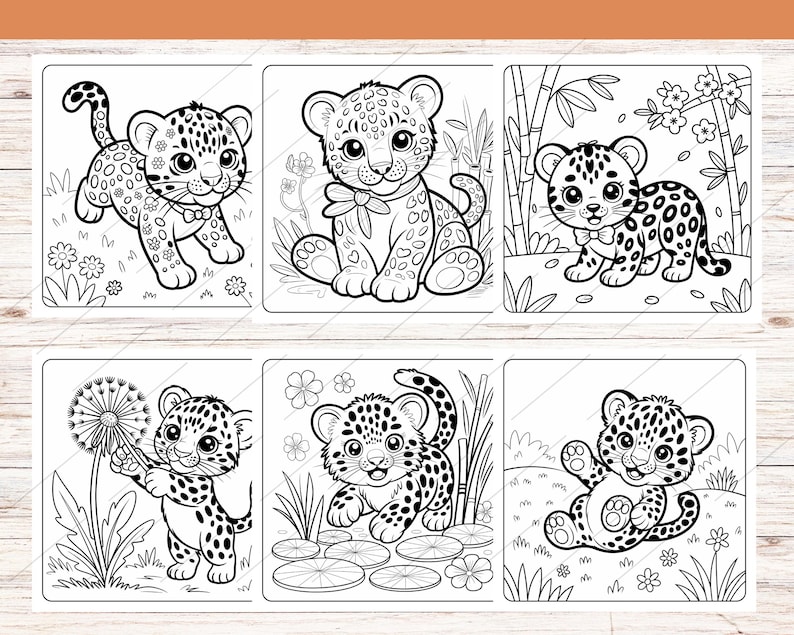 May include: Six black and white illustrations of cartoon leopards in various poses. The leopards are depicted with spots and are surrounded by flowers, plants, and other natural elements. The images are designed for coloring.