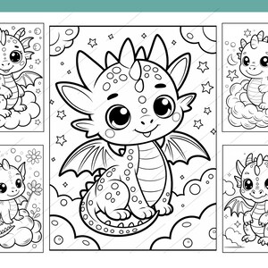 May include: Black and white line art illustrations of cute cartoon dragons in various poses. Dragons are sitting on clouds, surrounded by stars and flowers. The dragons have large eyes and wings.