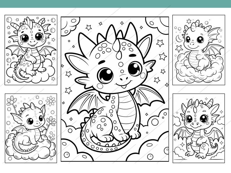 May include: Black and white line art illustrations of cute cartoon dragons in various poses. Dragons are sitting on clouds, surrounded by stars and flowers. The dragons have large eyes and wings.