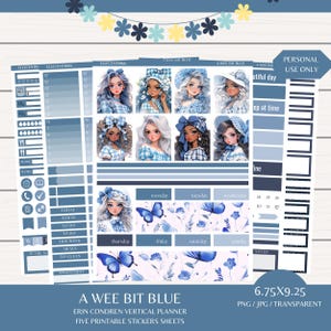 Planificateur numérique imprimable A Wee Bit Blue/5 autocollants/kit d'agenda vertical EC/téléchargement numérique instantané/6,75 x 9,25 Cricut/esthétique