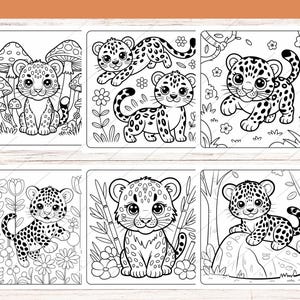 May include: Six black and white illustrations of baby leopards in various poses. Each image features a different scene with the leopards interacting with flowers, mushrooms, and bamboo. The illustrations are suitable for coloring.