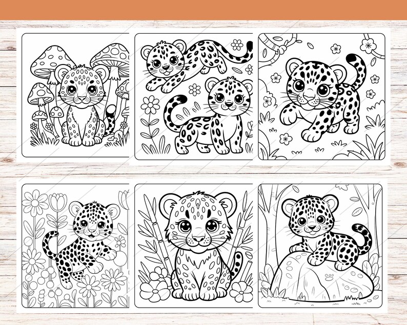 May include: Six black and white illustrations of baby leopards in various poses. Each image features a different scene with the leopards interacting with flowers, mushrooms, and bamboo. The illustrations are suitable for coloring.