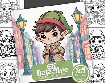 Könnte beinhalten: Ein digitales Malbuch mit dem Titel "Elf Detective" mit einem Cartoon-Elf-Detektiv in einem Trenchcoat und Hut. Das Cover zeigt den Elf vor einer Straßenszene mit Straßenlaternen. Das Buch hat 25 Malvorlagen.