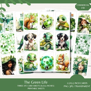 Tarjetas ATC The Green Life - Tres hojas de 8,5 x 11 - Descarga digital - Diarios basura - Recortes con precisión - Scrapbooking - Generado con IA