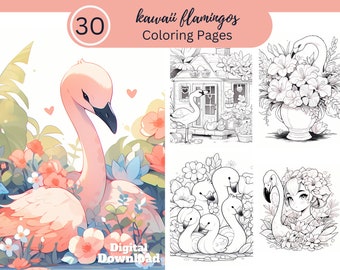 Beautiful Kawaii Flamingos Coloring Book Fun For All/30 Coloring Pages to Relax and Unwind, Clear Your Mind/Digital Download/Kawaii Fun