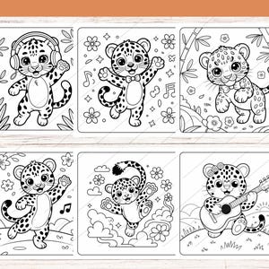 May include: Six black and white illustrations of cartoon leopards in various poses. One leopard wears headphones, another dances with musical notes, and a third plays a guitar. The illustrations are surrounded by flowers and bamboo.