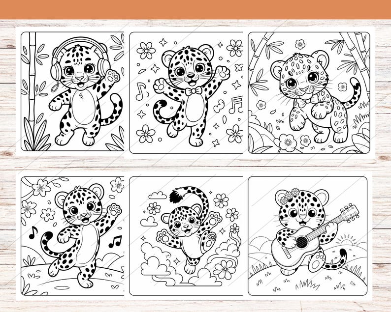 May include: Six black and white illustrations of cartoon leopards in various poses. One leopard wears headphones, another dances with musical notes, and a third plays a guitar. The illustrations are surrounded by flowers and bamboo.