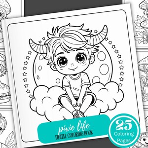 Può includere: Un libro da colorare digitale in bianco e nero con il testo "pixie life" e "25 Coloring Pages". La copertina presenta un personaggio dei cartoni animati con le corna, seduto su una nuvola davanti a una luna.