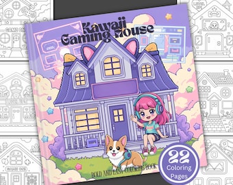 Kawaii Gaming House kleurboek, 22 leuke pagina's (digitale download)