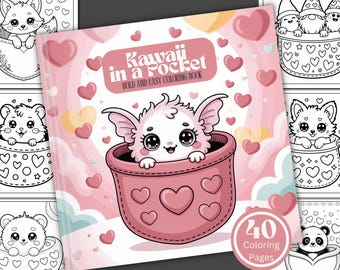Könnte beinhalten: Ein rosa-weißes Malbuch mit dem Titel "Kawaii in a Pocket" mit einer niedlichen Cartoon-Figur in einer Tasche. Das Cover zeigt Herzen und den Text "Bold and Easy Coloring Book". Das Buch hat 40 Ausmalseiten.
