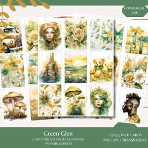 Tarjetas ATC de Green Glen - Tres hojas de 8,5 x 11 - Descarga digital - Diarios basura - Recortes fáciles - Scrapbooking - Generado con IA