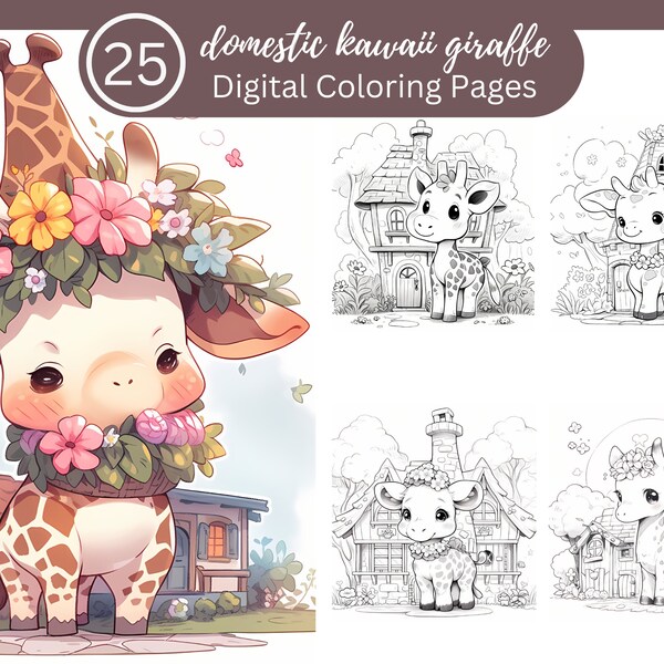 Domestic Kawaii Giraffe Coloring Fun/25 Coloring Pages/Digital Download/Cute Animals with Big Eyes Coloring/Kawaii Coloring Fun For All