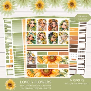 Jolies fleurs/Agenda numérique imprimable autocollants/Kit d'agenda vertical CE/Téléchargement numérique instantané/6,75 x 9,25 Cricut/esthétique