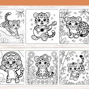 May include: Six black and white illustrations of cartoon leopards in various poses. One leopard is playing a guitar, another is wearing headphones, and others are in natural settings. The images are suitable for coloring.