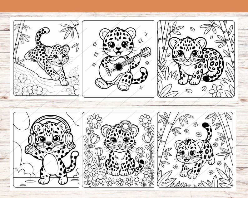 May include: Six black and white illustrations of cartoon leopards in various poses. One leopard is playing a guitar, another is wearing headphones, and others are in natural settings. The images are suitable for coloring.