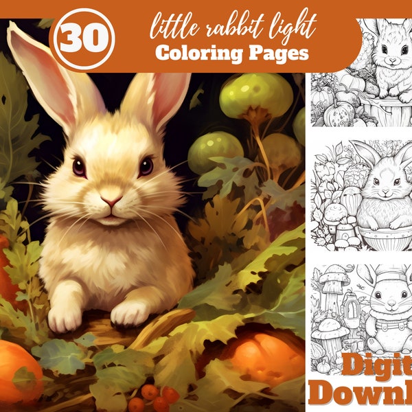 Whimsical Wonders: Little Rabbit Light - 30 Coloring Pages for Adults / Digital Download / Rabbits and Carrots Fun Coloring For All