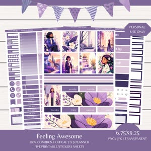 Purple Floral Planner Stickers: Erin Condren Vertical Kit (Digital Download)