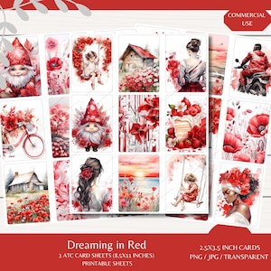 Dreaming in Red ATC Cards - Trois feuilles de cartes de 8,5 x 11 - Téléchargement numérique - Journaux indésirables - Découpes difficiles - Scrapbooking - Généré par l'IA