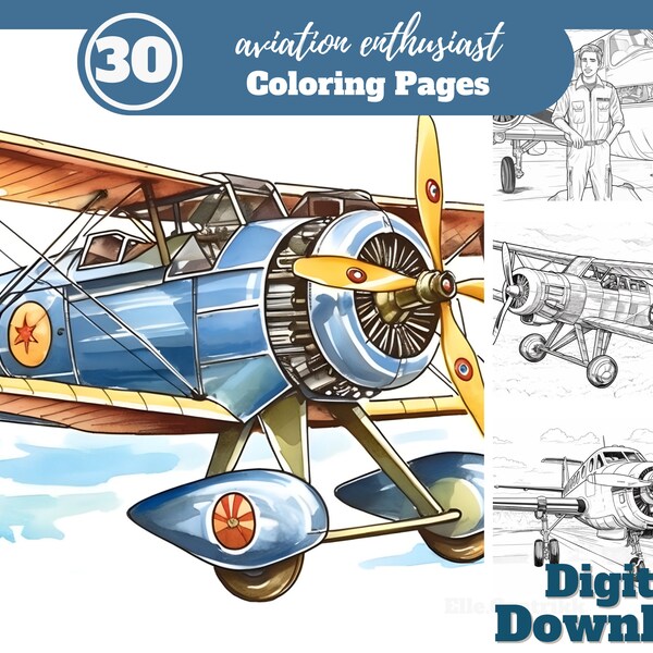 Luftfahrt Enthusiast Malseiten Set - 30 Malseiten - Färbung für Männer - Digitaler Download - Flugzeuge Malvorlagen