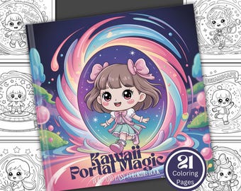 Pode incluir: Um livro para colorir intitulado "Kawaii Portal Magic" com uma menina de desenho animado com um laço rosa, em um design de portal colorido. A capa é cercada por outras páginas para colorir com personagens de desenho animado semelhantes. O livro tem 21 páginas para colorir.