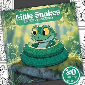 Può includere: Un libro da colorare per bambini intitolato "Little Snakes" con un serpente verde dei cartoni animati sulla copertina. L'illustrazione di copertina presenta un serpente sorridente arrotolato su una roccia, circondato da fogliame. Il libro ha 20 pagine da colorare.