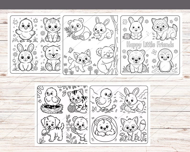 May include: Black and white illustrations of various animals, including a chick, kitten, panda, bunny, fox, koala, bear, and penguin. The phrase "Happy Little Friends" is written on one of the illustrations. The images are arranged on a light wood-grain surface.