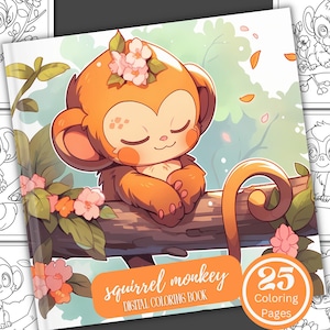 Squirrel Monkey Coloring Book/25 Coloring Pages/Digital Download/Kawaii Animals