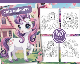 Puede incluir: Un libro para colorear digital titulado "cute unicorn" con un unicornio de dibujos animados en la portada. El unicornio es blanco con pelo morado y rosa y una corona de flores. El libro incluye 40 páginas para colorear.