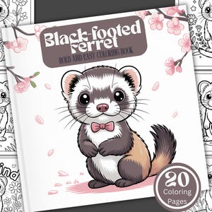 May include: A coloring book titled "Black-footed Ferret" with a cartoon ferret on the cover, wearing a pink bow tie. The cover also features pink flowers and the text "BOLD AND EASY COLORING BOOK". The book has 20 coloring pages.