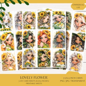 Mooie bloem ATC-kaarten - drie kaarten van 8,5 x 11 vellen - digitale download - ongewenste tijdschriften - kieskeurige sneden - scrapbooking - AI-gegenereerd