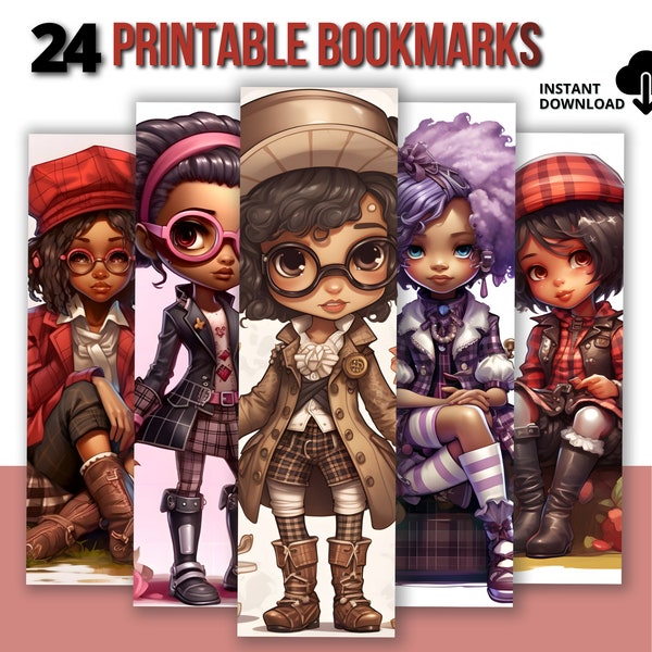 African Steampunk Set of 24 Bookmarks/Instant Digital Download/2x6/Beautiful African Steampunk Bookmarks to Print and Cut
