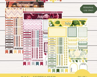 May include: A collection of printable planner stickers for July, August, and September. The stickers include headers, checklists, and decorative elements. The design features floral and geometric patterns, with the months labeled. The text "Personal Use Only" is visible.