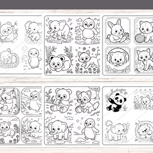 May include: Black and white coloring pages featuring various animals, including a bear, elephant, penguin, fox, and panda. Each animal is depicted in a cute, cartoon style, perfect for children's activities. The pages are arranged in a grid format.