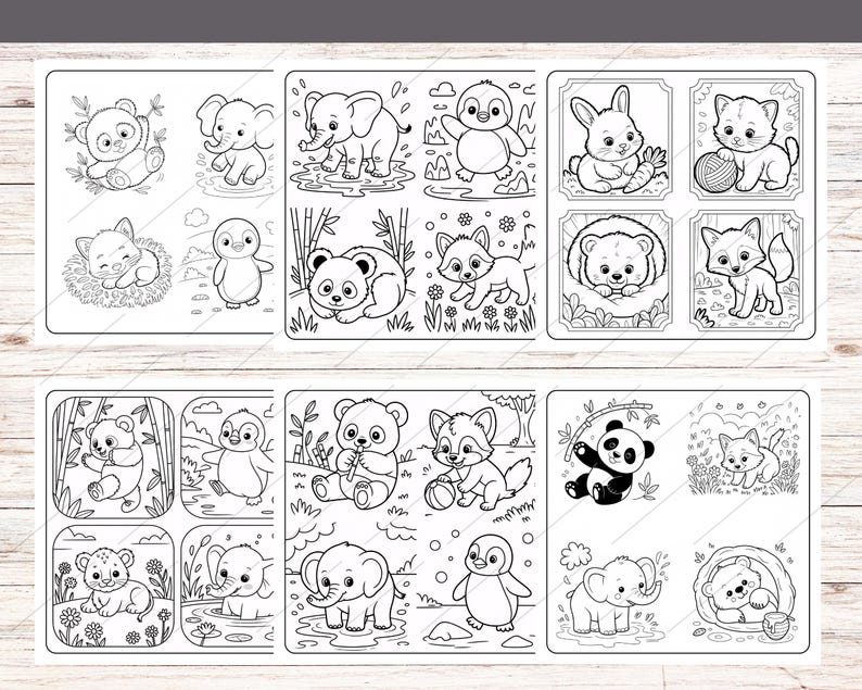 May include: Black and white coloring pages featuring various animals, including a bear, elephant, penguin, fox, and panda. Each animal is depicted in a cute, cartoon style, perfect for children's activities. The pages are arranged in a grid format.