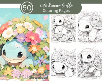 Cute Kawaii Turtle Coloring Book Fun For All/50 Coloring Pages to Relax and Unwind, Clear Your Mind/Digital Download/Kawaii Fun