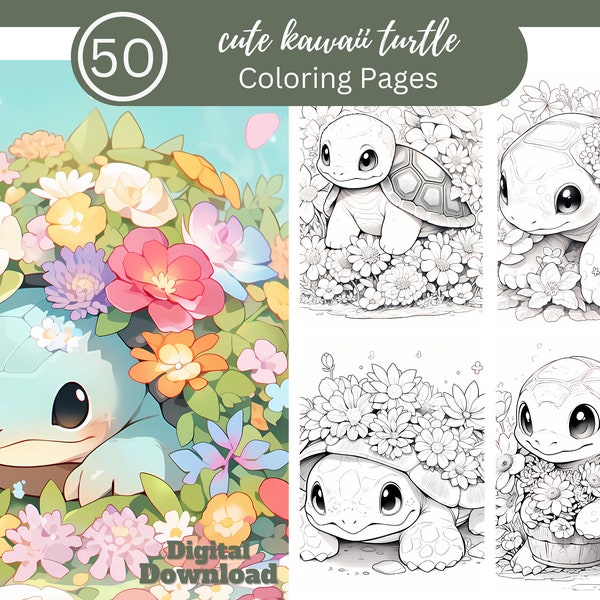 Livre de coloriage mignon tortue kawaii, amusant pour tous/50 pages à colorier pour se détendre et se vider la tête/téléchargement numérique/amusement kawaii