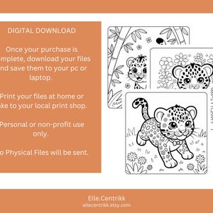 May include: Digital download of three black and white leopard cub coloring pages. Each page features a different scene with the cub, including flowers and bamboo. The text on the left side says "DIGITAL DOWNLOAD".